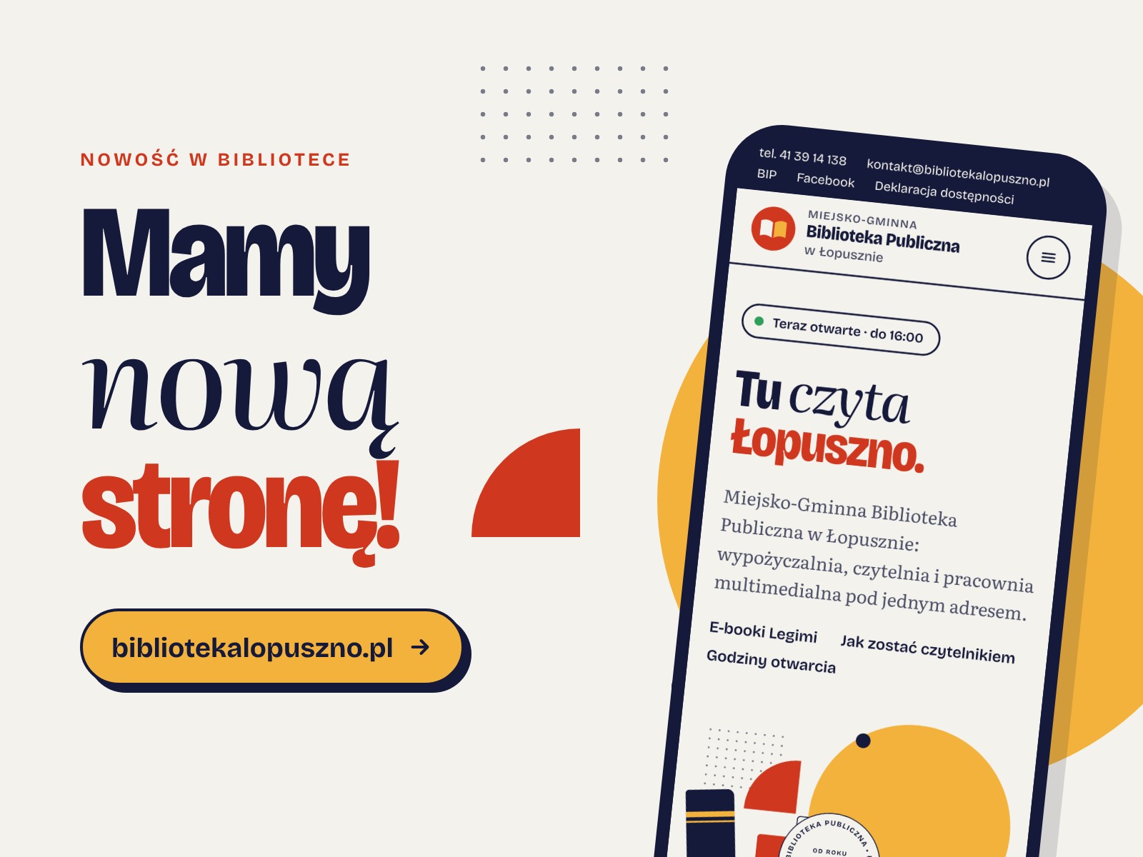 Grafika z napisem „Mamy nową stronę!” i telefonem, na którym widać stronę główną biblioteki.